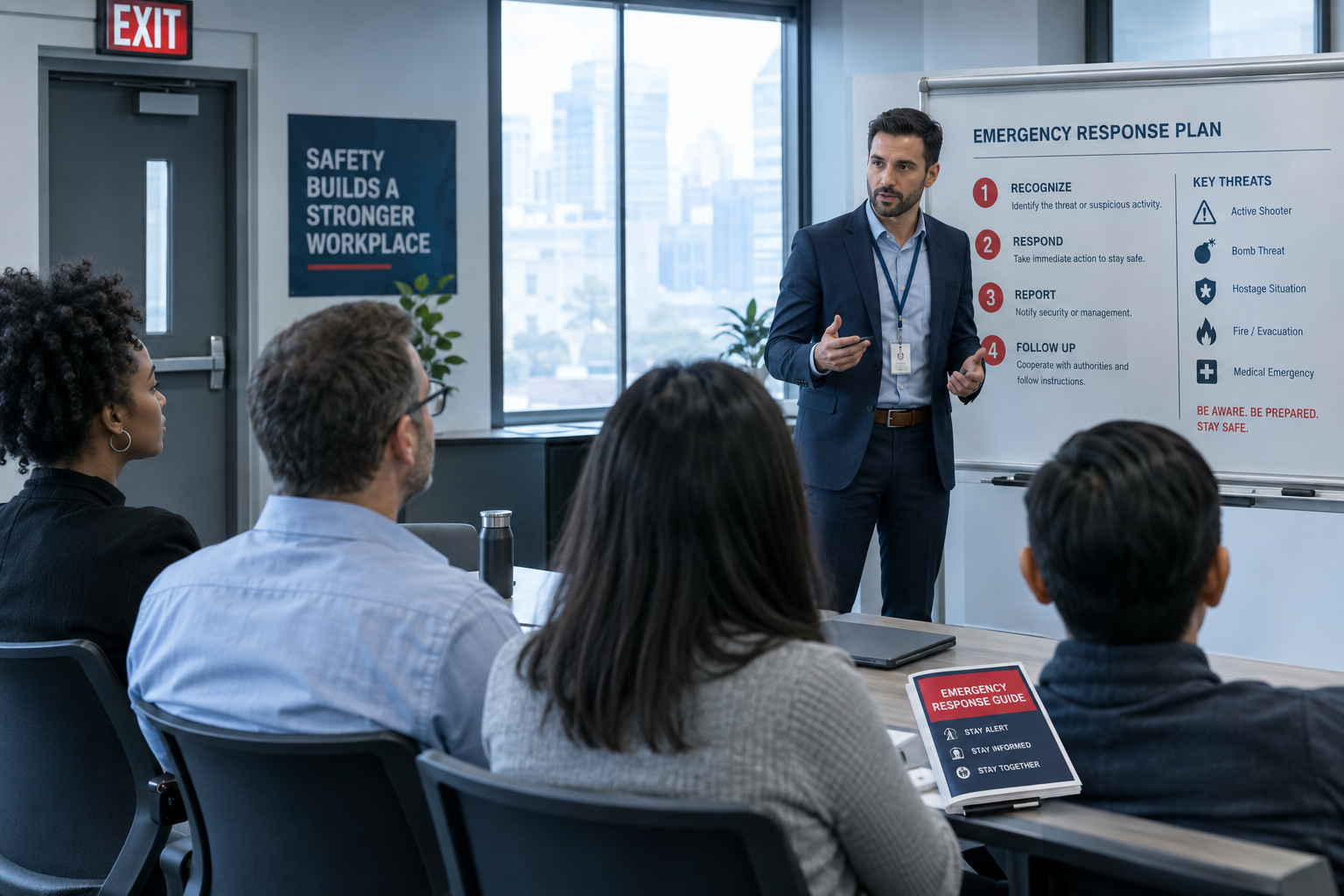 An instructor presenting an emergency response plan to seated employees in an office, with a whiteboard listing threat types and response steps, an exit sign, and a safety poster