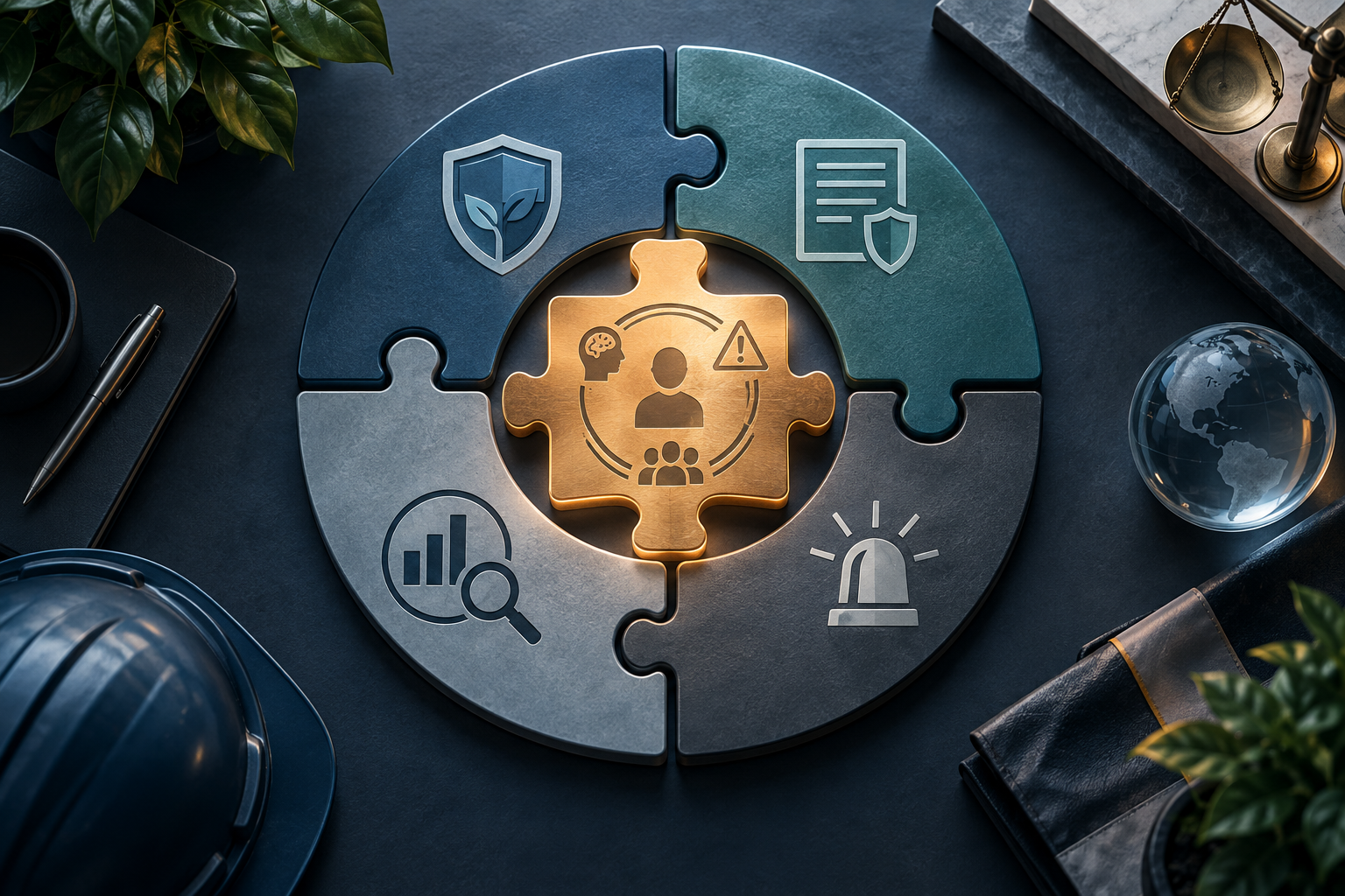 A conceptual graphic of interlocking puzzle pieces with icons for safety, documentation, behavioral risk assessment, data analysis, and alerts, surrounded by a hard hat, scales of justice, and office items on a dark desk