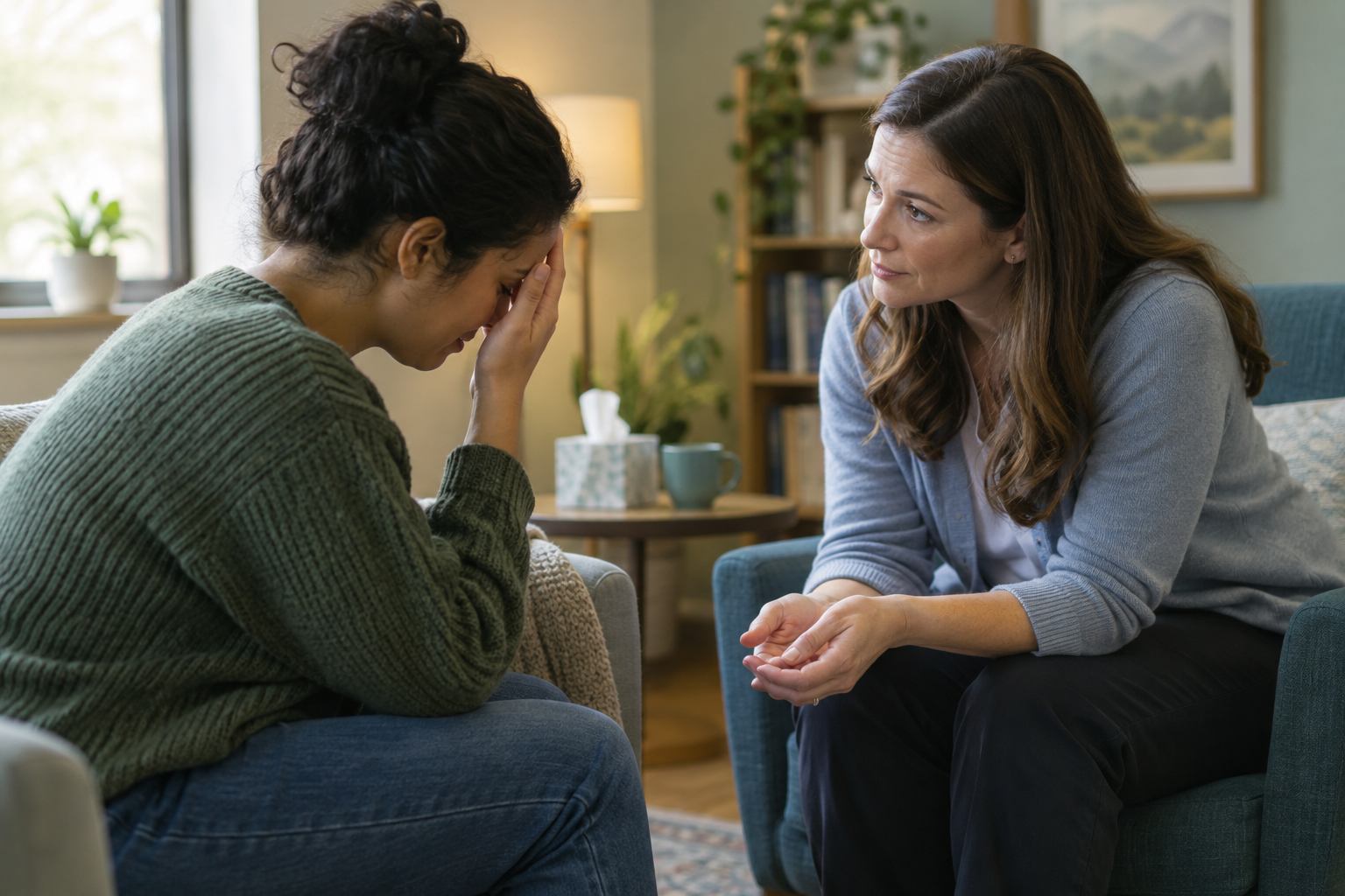 A counselor sitting with a distressed woman who has her head in her hand, offering support in a calm living room setting with tissues nearby