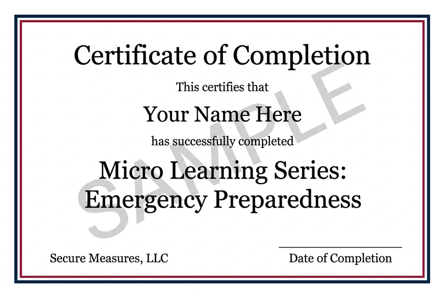 Sample certificate of completion for Micro Learning Series: Emergency Preparedness