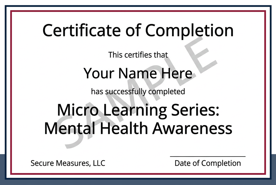 Sample certificate of completion for Micro Learning Series: Mental Health Awareness